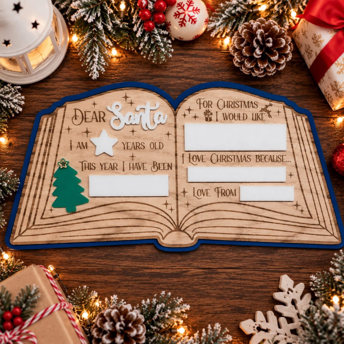 Dear Santa Oak & Acrylic Christmas Wish List Board – Open Book Keepsake 🎅🏻📖