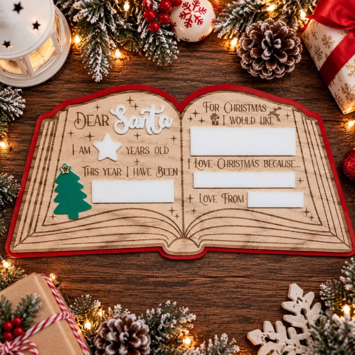 Dear Santa Oak & Acrylic Christmas Wish List Board – Open Book Keepsake 🎅🏻📖